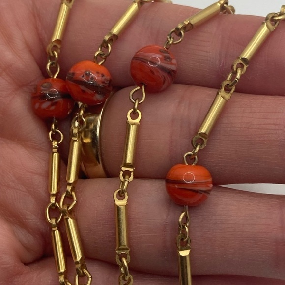 Vtg Orange Swirl Murano Glass Bead Gold Tone Chain Necklace 24” - Picture 3 of 6